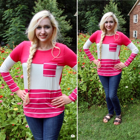 NWT Boutique Pink Stripe Pocket Top S M L - Picture 4 of 7